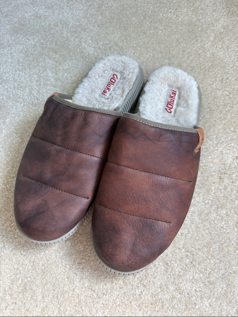 Olukai Mua 'Ili Mule Slippers Leather Dark Wood/Silt Shearling Men’s Size 9